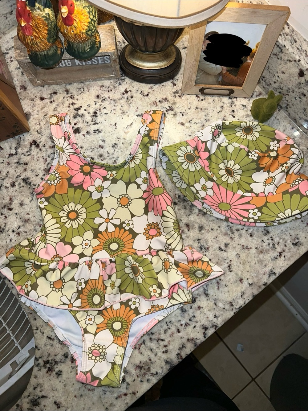 Retro Style Floral Ruffle One-Piece Swimsuit with Matching Bucket Hat